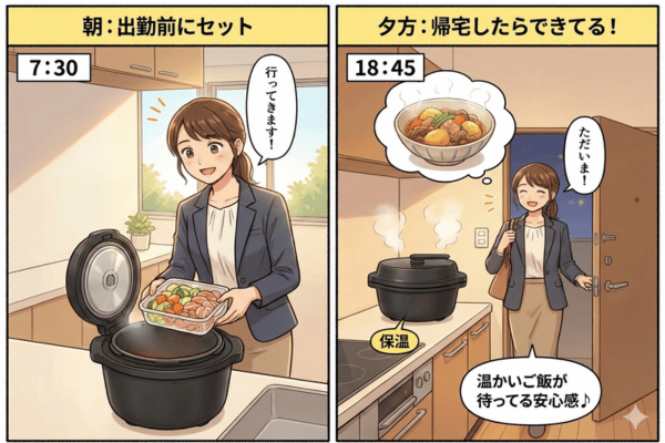 オートクッカービストロの予約調理。朝出勤前にセット、帰宅すると料理ができてる