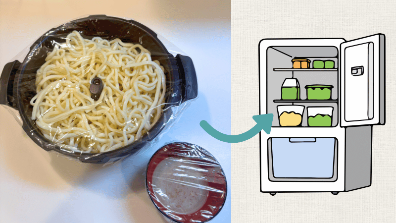 焼きうどんの半予約調理。材料をセットして冷蔵庫へしまう。