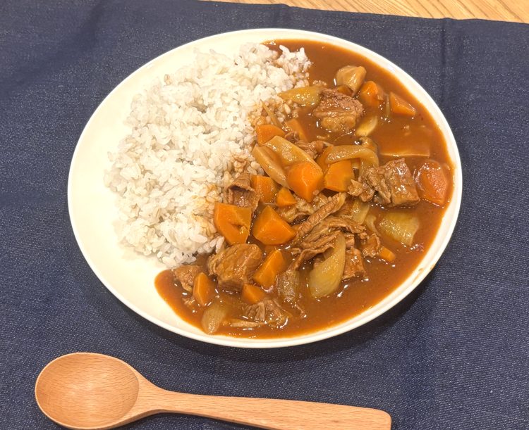 お皿に盛り付けたハヤシライス。ごはんと具だくさんのルウ