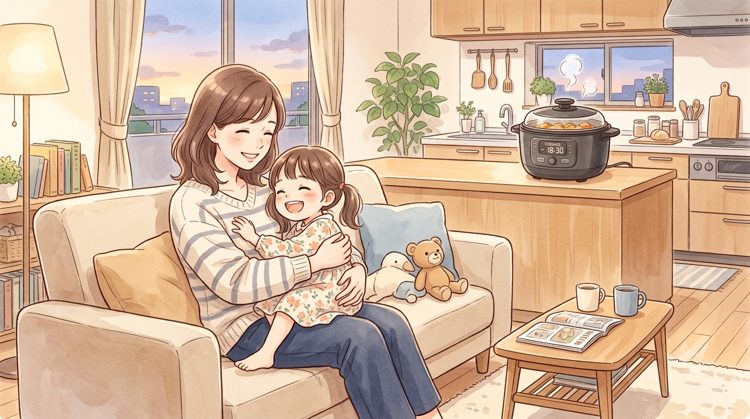 自動調理鍋に調理をまかせている間、ソファで子どもとくつろぐワーママのイラスト