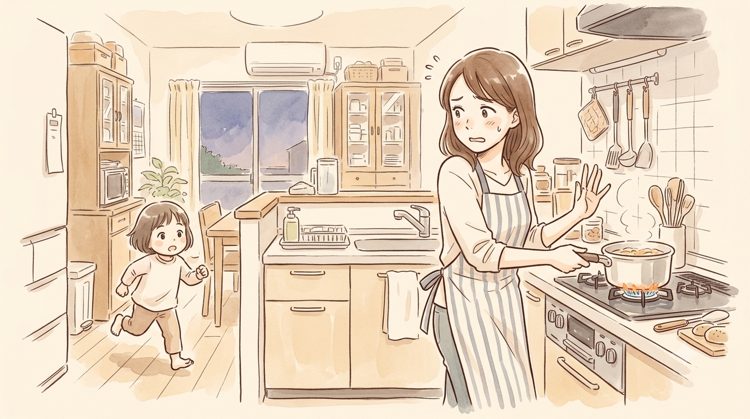 コンロの前で火のそばから離れられないまま、走ってくる子どもを制止するワーママのイラスト