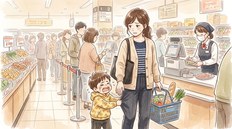 スーパーのレジ待ちの行列で、子どもがぐずって困り顔のワーママのイラスト