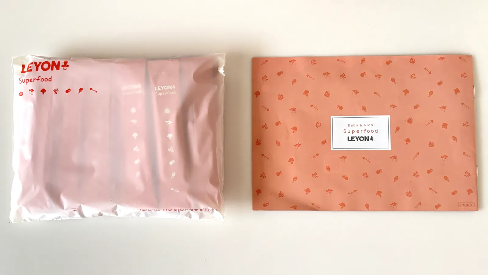 届いたLEYONの袋とパンフレット