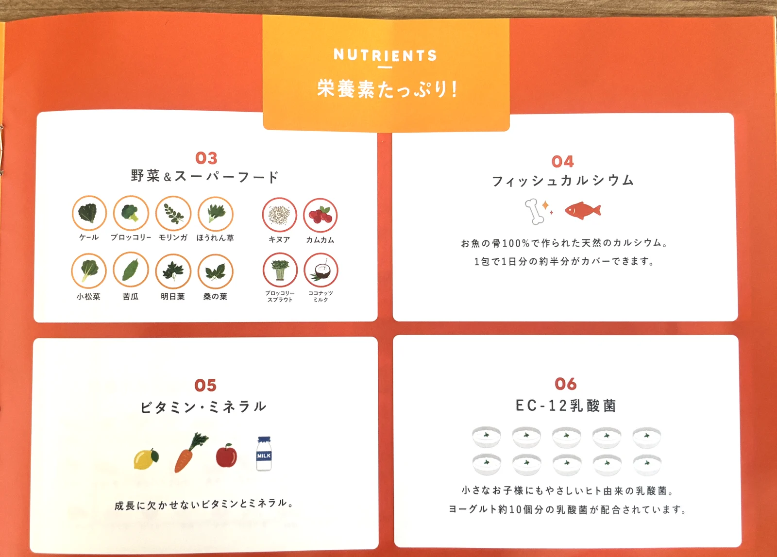 LEYON(レヨン)のパンフレット。野菜とスーパーフードなど栄養素のページ
